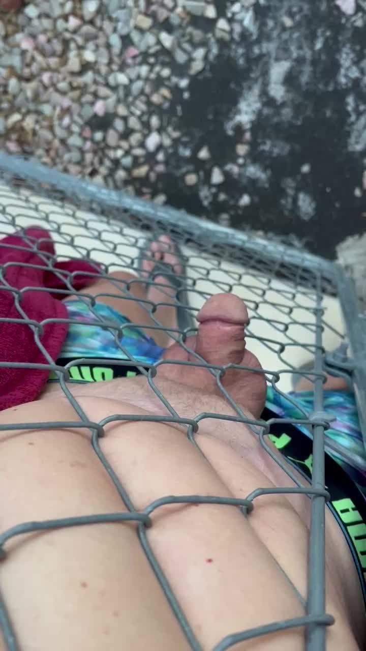 Video by Desertguy with the username @Desertguy, who is a verified user,  February 11, 2023 at 3:11 PM. The post is about the topic Pissing Cocks and the text says 'Piss through the fence this morning. in flip flops and my underwear'