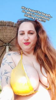 Video by Mary Corner with the username @marycorner, who is a star user,  July 29, 2024 at 11:40 AM. The post is about the topic Bra/Panty/Lingerie/Bikini and the text says 'It&#039;s a beautiful beach, yet, everyone is staring at ME...!!! Why???

#beach #bikini #bbw #redhead #ginger #bigtits'