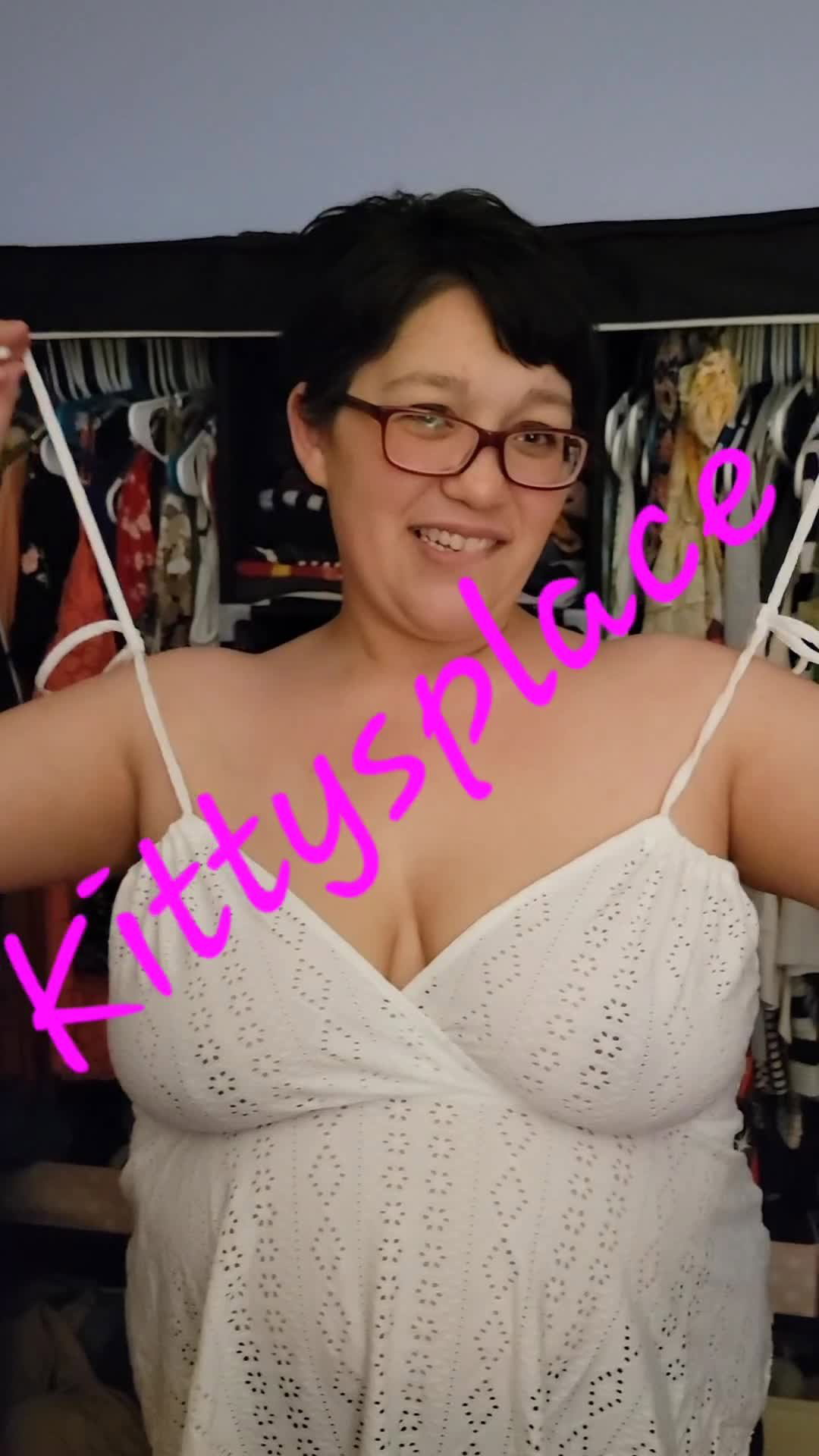 Video by KittysPlace with the username @KittysPlace, who is a verified user,  May 15, 2024 at 6:06 PM and the text says 'New top, so of course I had to take it off and have fun!
#bigtits #largenipples #areolas #milf #wife #cumshot #glasses #sex #pov #bouncing'