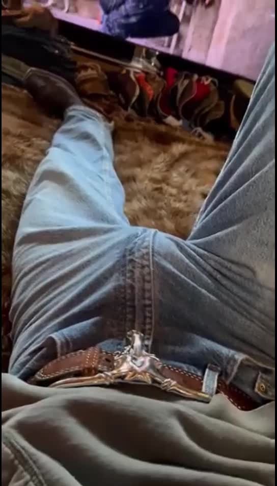 Video by DirtyDaddyFunStuff with the username @DirtyDaddyPorn, who is a verified user,  April 3, 2024 at 10:10 PM and the text says 'Massive Cowboy Bulge #bulges #jeans #cowboys #rodeo #baskets #cock #countryboys #hung #teaser'