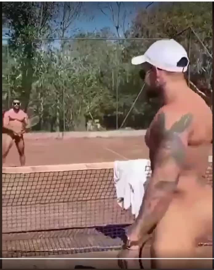 Video by DirtyDaddyFunStuff with the username @DirtyDaddyPorn, who is a verified user,  April 4, 2024 at 1:18 AM and the text says 'Nude Tennis Fuck #tennis #nude #muscles #sports #fuck #bareback'