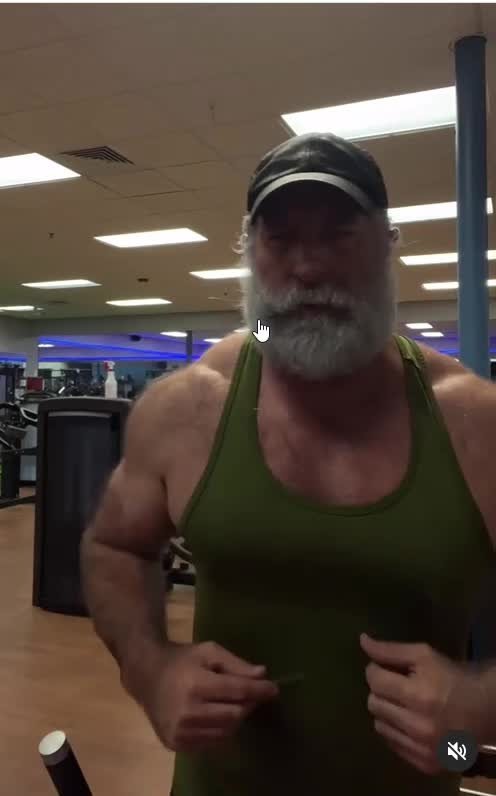 Video by DirtyDaddyFunStuff with the username @DirtyDaddyPorn, who is a verified user,  April 9, 2024 at 7:18 PM and the text says 'Super Buff Daddy Bear #gym #workout #muscles #buff #musclebear #bears #beards #hairy #armpits'