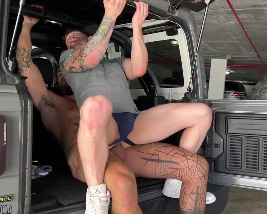 Video by DirtyDaddyFunStuff with the username @DirtyDaddyPorn, who is a verified user,  April 13, 2024 at 1:16 AM and the text says 'Van Fucking #carjacking #carfucking #jocks #jockstraps #tats #muscles #armpits'