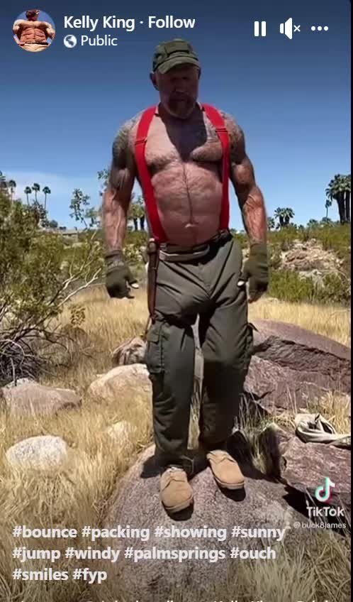 Video by DirtyDaddyFunStuff with the username @DirtyDaddyPorn, who is a verified user,  April 25, 2024 at 6:58 PM and the text says 'MASSIVE PACKIN BEAR #bears #beards #hairy #hung #tats #uniform #sweaty #muscles #buff #armpits'