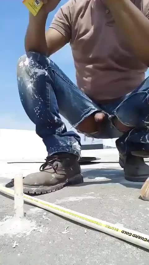 Video by DirtyDaddyFunStuff with the username @DirtyDaddyPorn, who is a verified user,  April 30, 2024 at 1:04 AM and the text says 'Exposed at Work.  #tornjeans #hardcock #work #kinky #public'