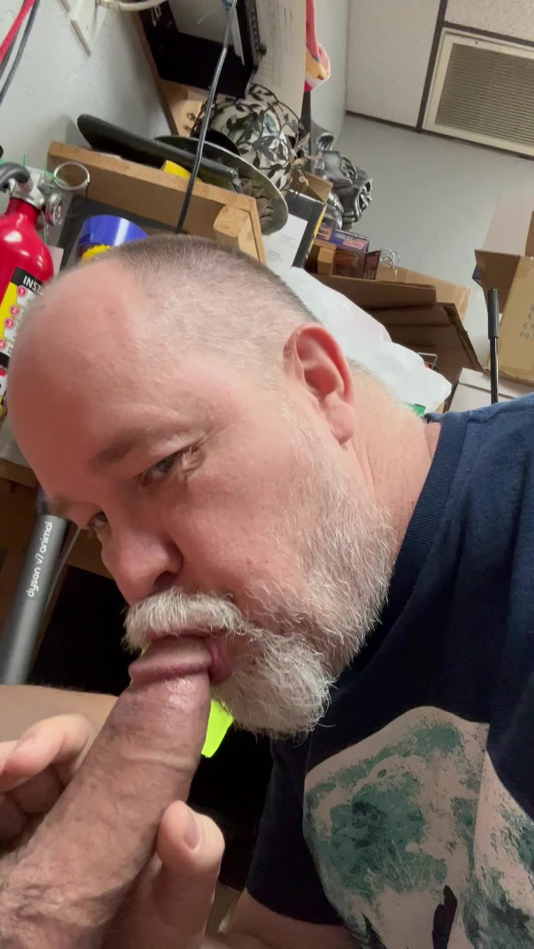 Video by DirtyDaddyFunStuff with the username @DirtyDaddyPorn, who is a verified user,  May 26, 2024 at 1:24 AM and the text says 'I love Sucking Cock in the back room of my shop.  #cocksucker #amateur #hairy #beards #hung #bears'