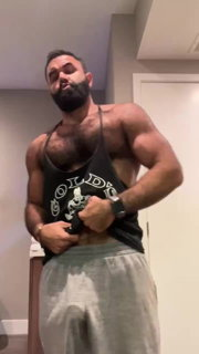Video by DirtyDaddyFunStuff with the username @DirtyDaddyPorn, who is a verified user,  June 30, 2024 at 11:25 PM and the text says 'Super #hairy #muscle #hung stud.  #beards #bigcock #teaser #armpits #workout'