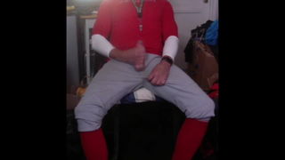 Video by JockDad87 with the username @BigJockDaddy87, who is a verified user,  July 11, 2024 at 3:39 PM and the text says 'JockDad87Jerks Off In His Baseball Gear  And  a Load Of Cum On a Pair of Sneakers'