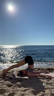 Video by Janeshay with the username @Janeshay, who is a star user,  July 1, 2024 at 11:00 AM. The post is about the topic Leggings and Yoga Pants and the text says 'morning yoga by the sea'