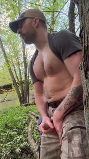 Video by Nickplus33 with the username @Nickplus33, who is a verified user,  June 23, 2024 at 3:35 AM and the text says '#outdoorcruising #outdoors #dilf #caps #beefy #beard #hung #cum #cockring #scruff  #balls #cumshooter'