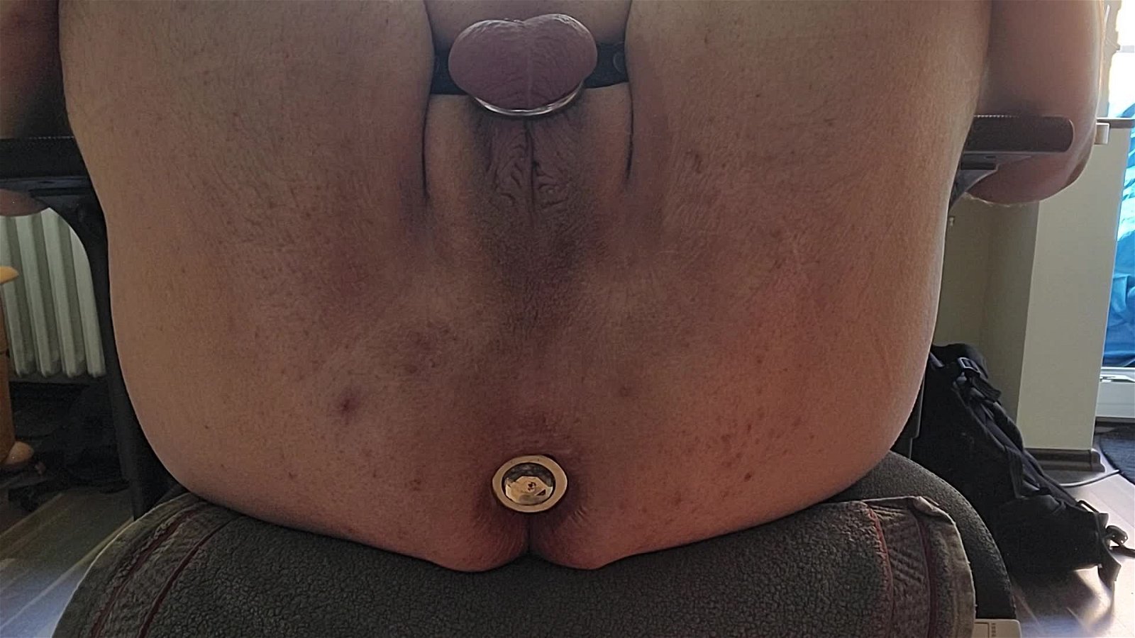 Video by Chastity Chub with the username @chastity-chub,  August 15, 2023 at 10:00 AM. The post is about the topic Male Chastity and the text says 'Caged and plugged in the home office. Does anybody wants to use me?'