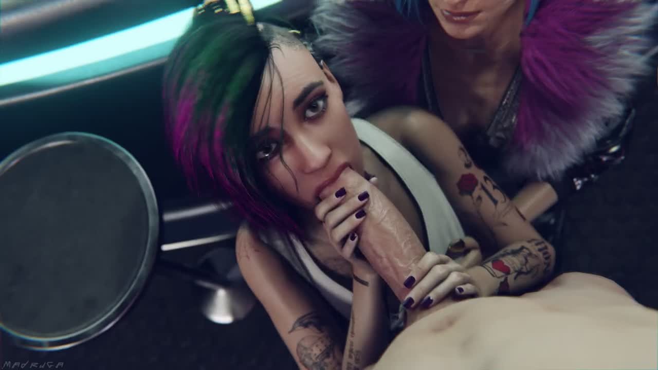 Video by sfmcompile with the username @sfmcompile, who is a brand user,  March 28, 2021 at 10:17 AM. The post is about the topic Hentai and the text says 'Evelyn teaching Judy the ropes #evelynpaker #judyalvarez #cyberpunk2077 #hentai #rule34 #blowjob'