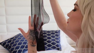 Video by Love Her Feet with the username @loveherfeet, who is a brand user,  November 5, 2022 at 1:43 AM. The post is about the topic Foot Worship and the text says 'TRYING OUT NEW STOCKINGS

One of the best feelings about buying new articles of clothing is trying them out. The gorgeous blonde hottie, Skye Blue, tries on her new black sheer stockings and garter belt. While Skye takes selfies of her naked body in the..'