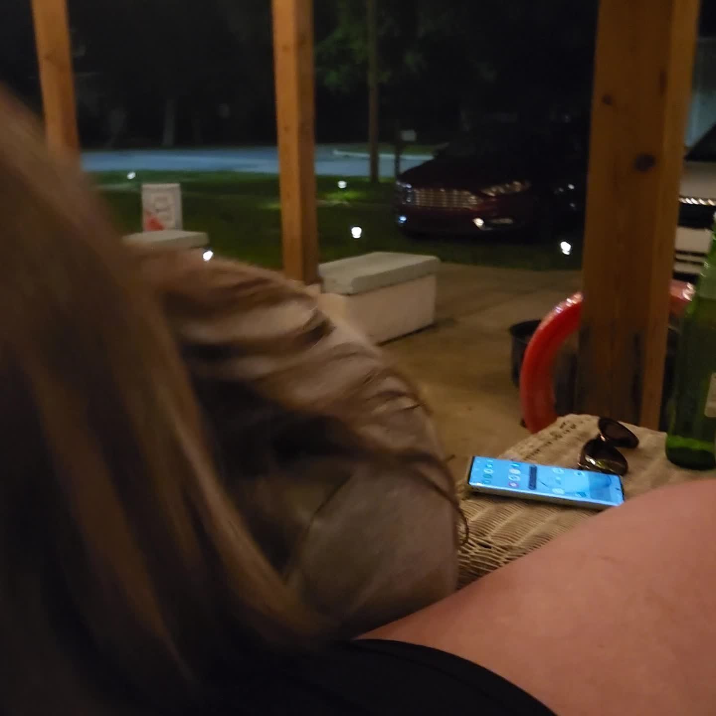 Shared Video by Driveme123 with the username @Driveme123, who is a verified user,  April 16, 2024 at 1:17 AM and the text says 'Invite me over for a beer on that porch with you both'